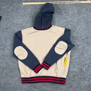 Round Two Hoodie Mens Size M Tan Navy Blue Cotton Colorblock Varsity Elbow Patch